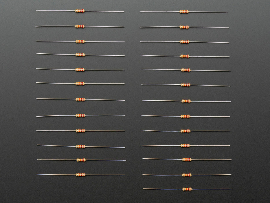 Angled shot of 25 Through-Hole Resistors - 42K ohm 5% 1/4W.