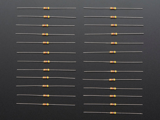 Angled shot of 25 Through-Hole Resistors - 47K ohm 5% 1/4W.