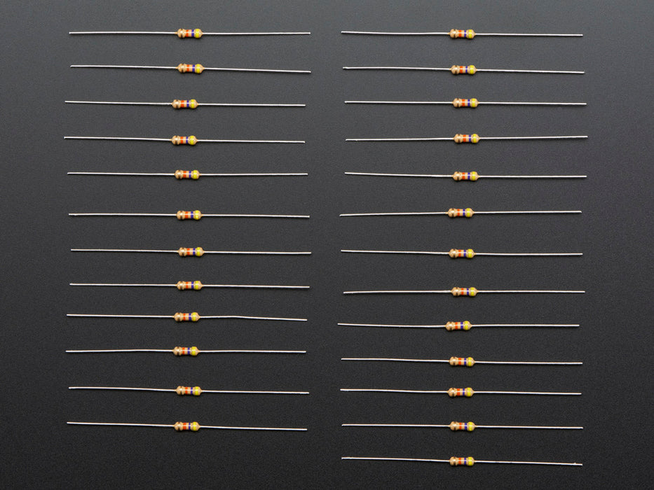 Angled shot of 25 Through-Hole Resistors - 47K ohm 5% 1/4W.