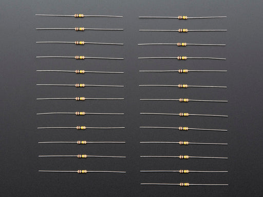 Angled shot of 25 Through-Hole Resistors - 100K ohm 5% 1/4W.