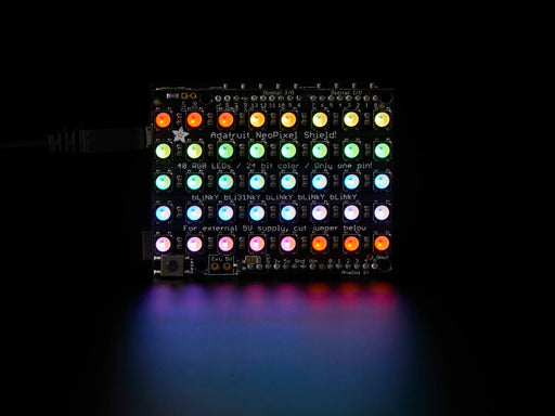 Adafruit NeoPixel Shield for Arduino - 40 RGB LED Pixel Matrix lit up rainbow and natural white