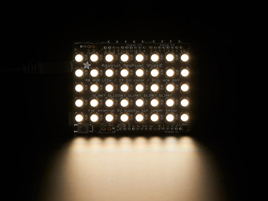 Adafruit NeoPixel Shield for Arduino - 40 RGB LED Pixel Matrix lit up rainbow and natural white