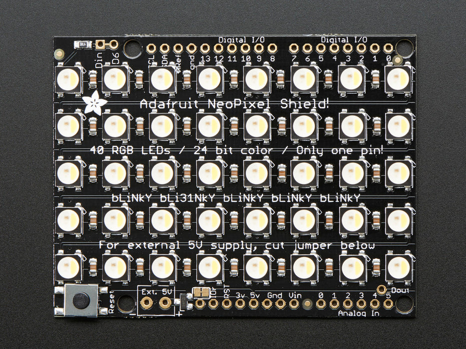 Adafruit NeoPixel Shield for Arduino - 40 RGB LED Pixel Matrix lit up rainbow and natural white