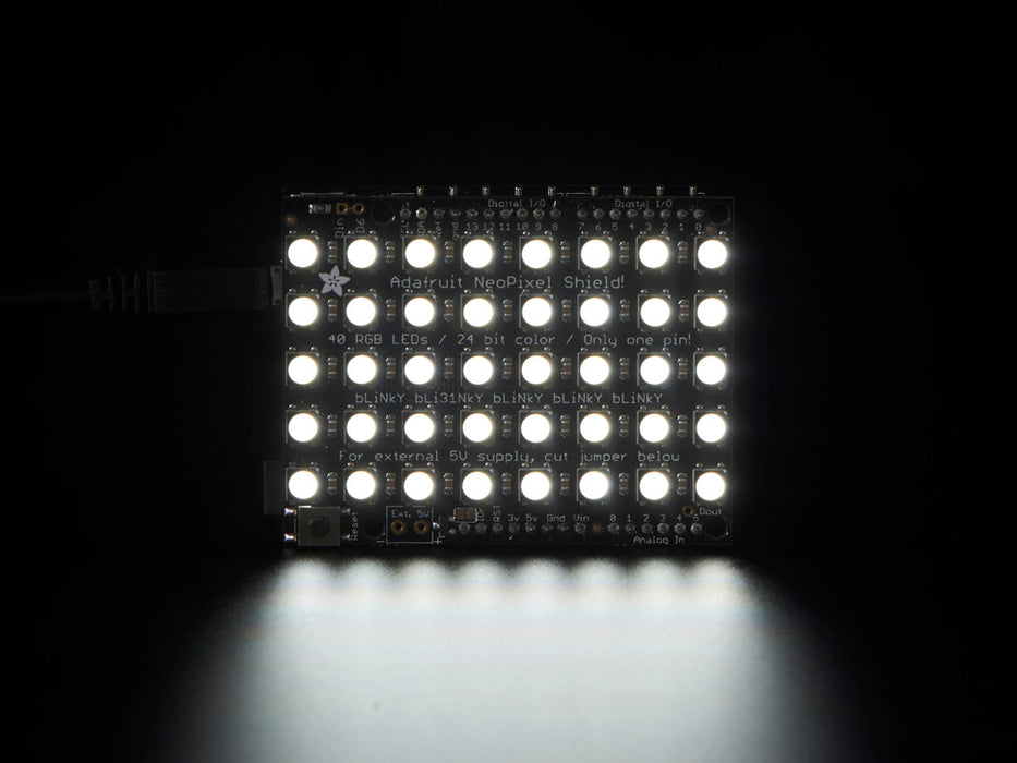 Adafruit NeoPixel Shield for Arduino - 40 RGB LED Pixel Matrix lit up rainbow and white