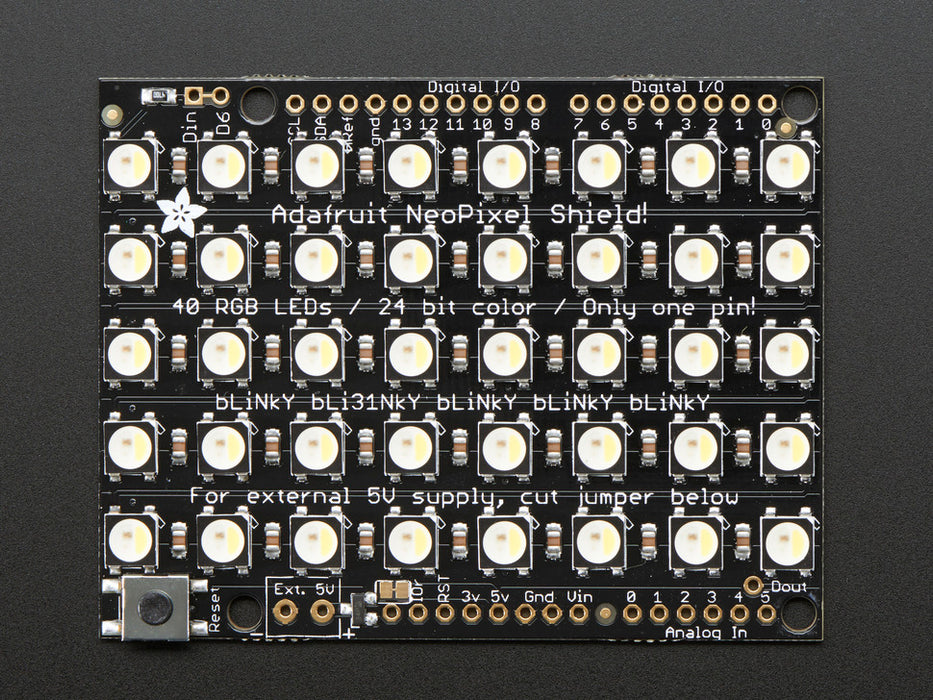 Adafruit NeoPixel Shield for Arduino - 40 RGB LED Pixel Matrix lit up rainbow and white