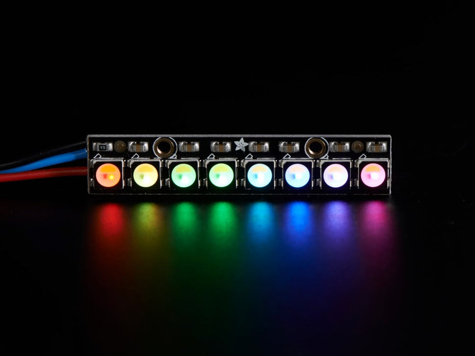 NeoPixel Stick with 8 x 5050 RGBW LED lit up rainbow and white