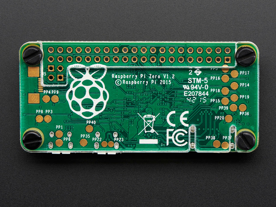 Top down view of a disassembled Adafruit Pi Protector for Raspberry Pi Model Zero. 