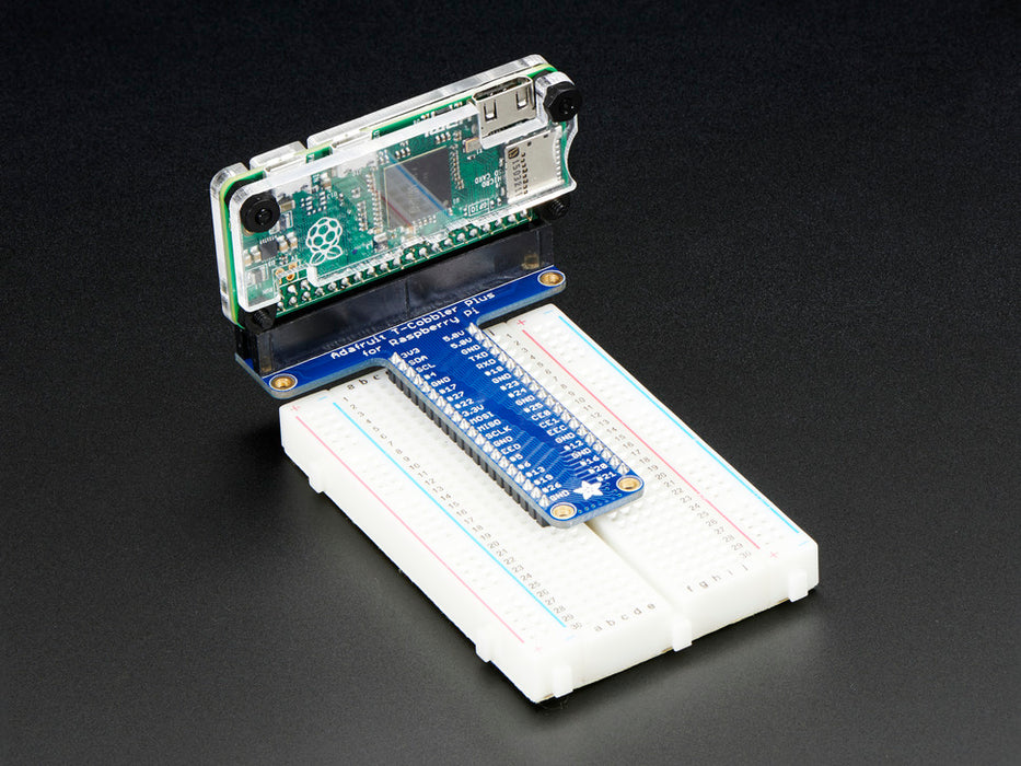 Top down view of a disassembled Adafruit Pi Protector for Raspberry Pi Model Zero. 