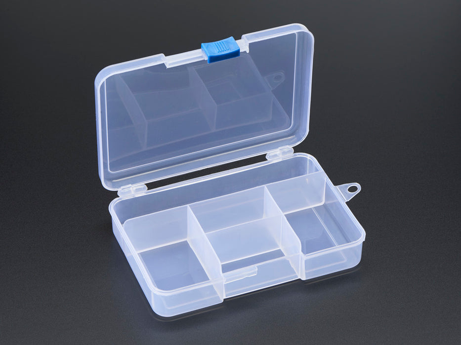 Two hands holding Latching 5-Compartment Storage Box full of assorted components