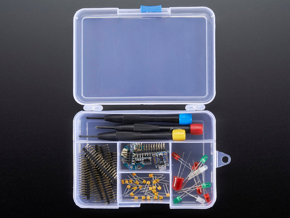 Two hands holding Latching 5-Compartment Storage Box full of assorted components