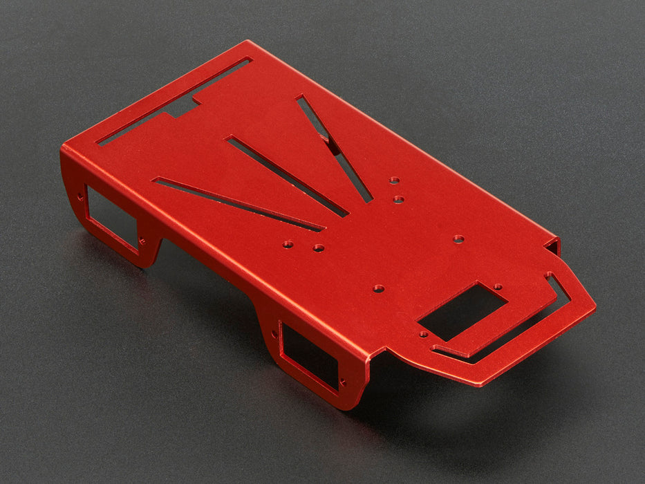 Red bent-sheet robot chassis showing various holes and slots.