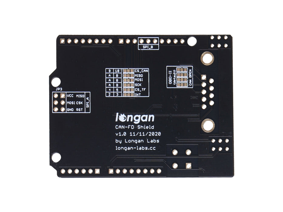 CAN FD Shield for Arduino - CAN-FD, CAN 2.0, industrial standard 9-pin sub-D, high-speed SPI interface, selectable OBD-II and CAN standard pinouts, adjustable chip select and INT pins