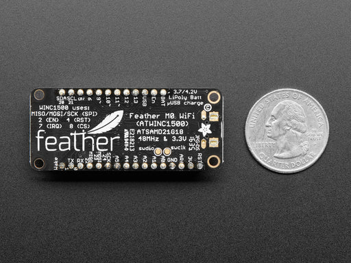 Angled shot of an Assembled Adafruit Feather M0 WiFi with Stacking Headers.