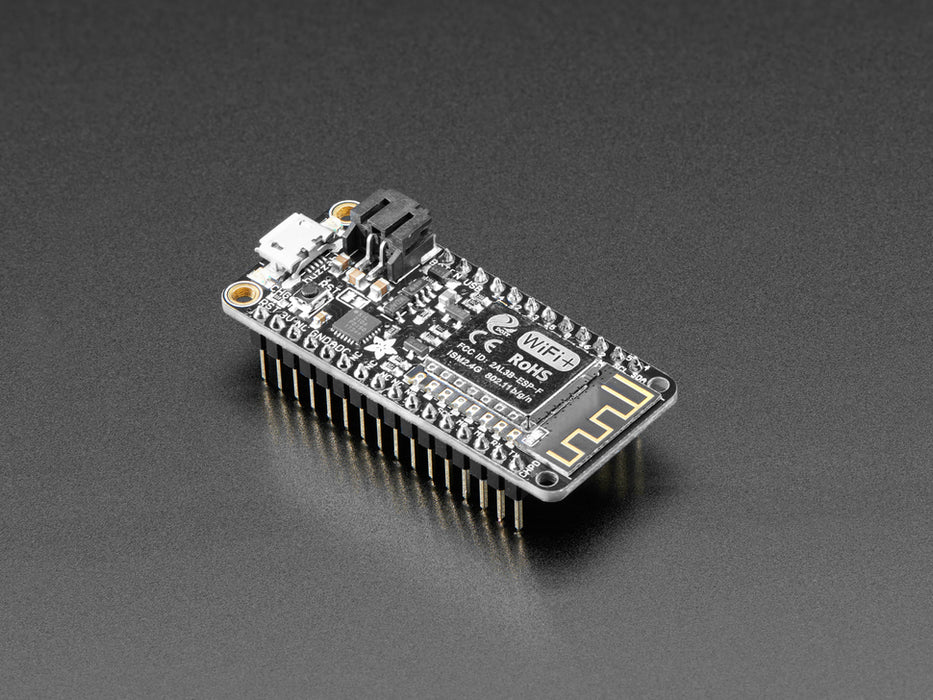 Angled shot of rectangular microcontroller with headers.