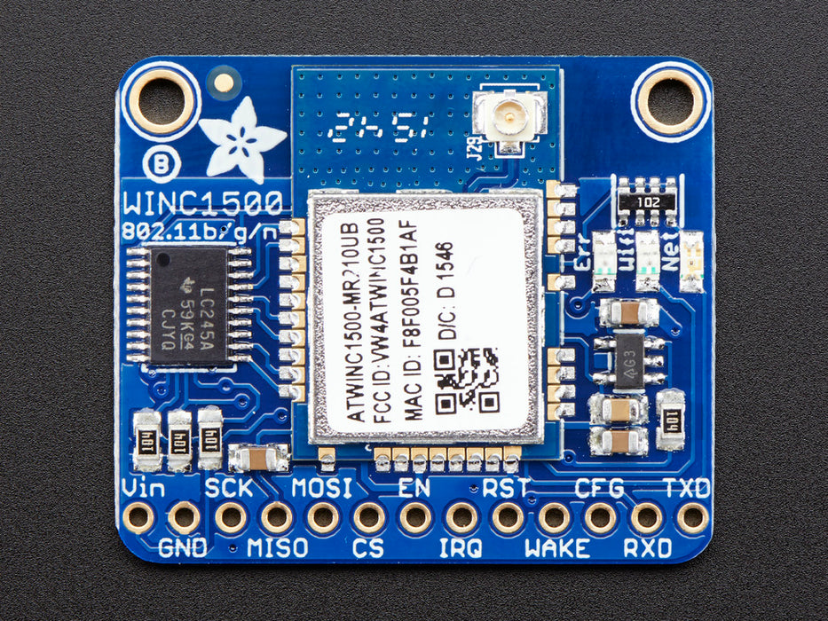 Angled shot of a Adafruit ATWINC1500 WiFi Breakout with uFL Connector.