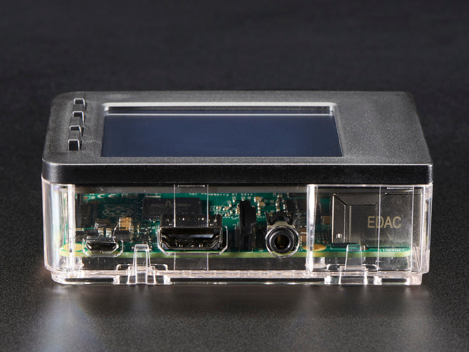 Angled shot of a Pi Model B+ / Pi 2 / Pi 3 - Case Base and Faceplate Pack - Clear - for 2.8" PiTFT with a Pi inserted. 