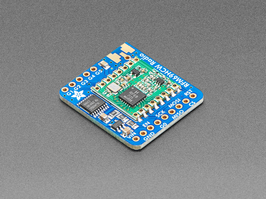 Angled shot of a Adafruit RFM69HCW Transceiver Radio Breakout.