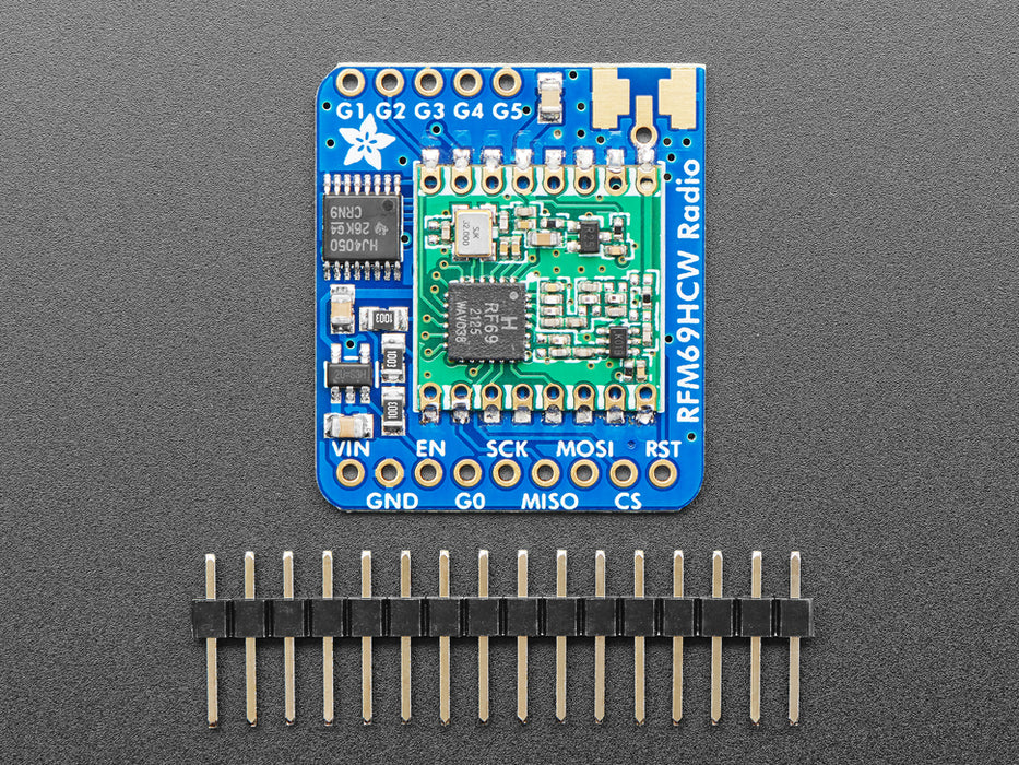 Angled shot of a Adafruit RFM69HCW Transceiver Radio Breakout.