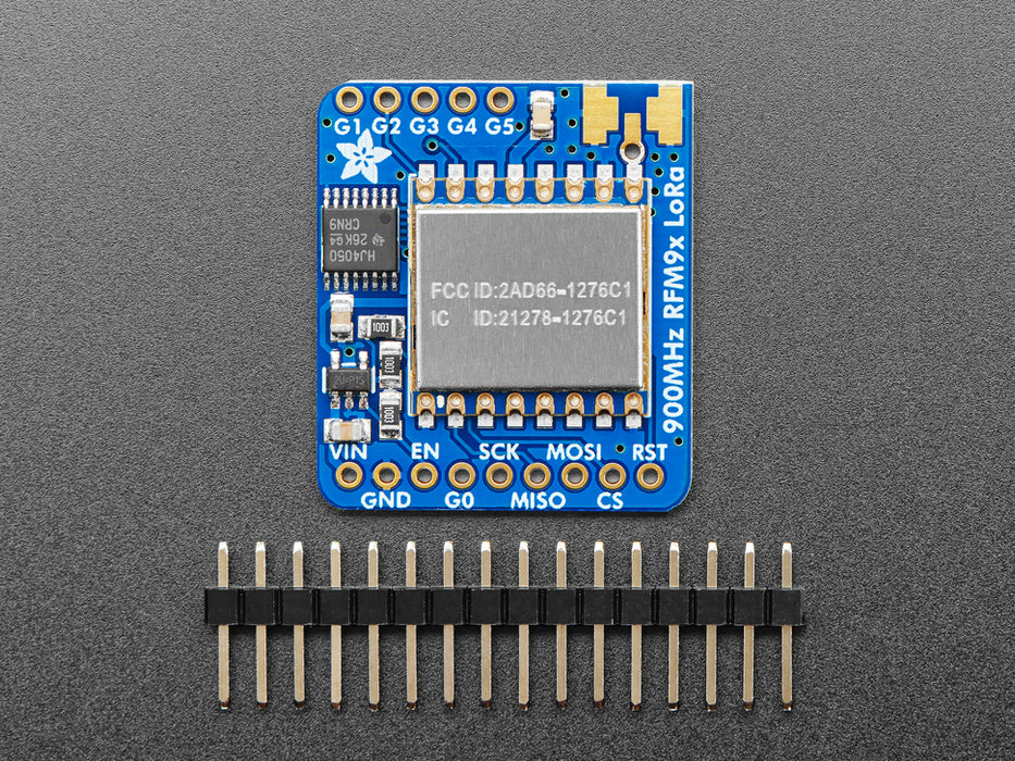 Angled shot of a Adafruit RFM95W LoRa Radio Transceiver Breakout.