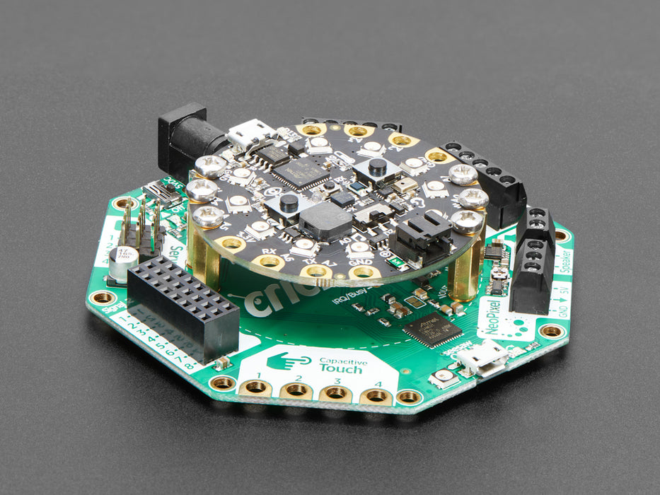 Top down view of a Adafruit CRICKIT for Circuit Playground Express with a circular board connected. 