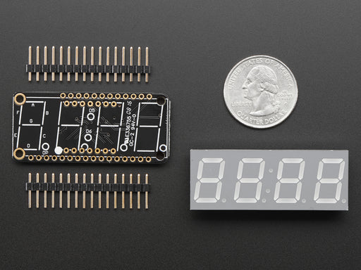 Angled shot of a rectangular shaped 7-segment breakout board with an LED matrix soldered on.