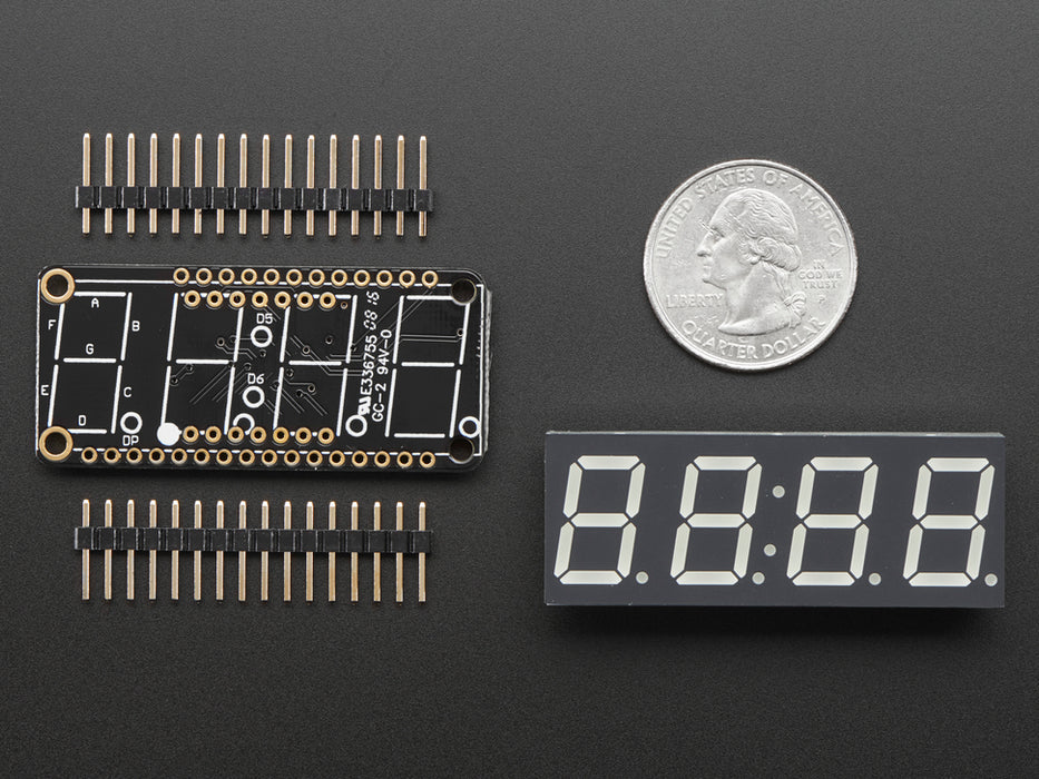 Angled shot of a rectangular shaped 7-segment breakout board with an LED matrix soldered on.