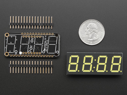 Angled shot of a rectangular shaped 7-segment breakout board with an LED matrix soldered on.