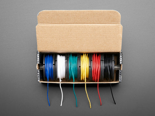 Hook-up Wire Spool Set in box with 6 colorful wires coming out