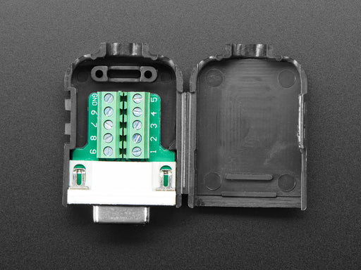 Top view of opened up DE-9 (DB-9) Female Socket Connector to Terminal Block Breakout.