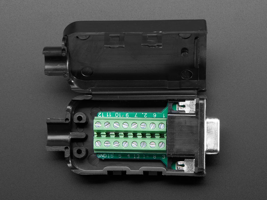 Top view of opened up DE-15 (DB-15) Female Socket to Terminal Block Breakout.