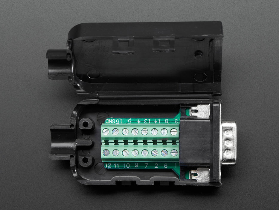 Top view of opened up DE-15 (DB-15) Male Plug to Terminal Block Breakout.