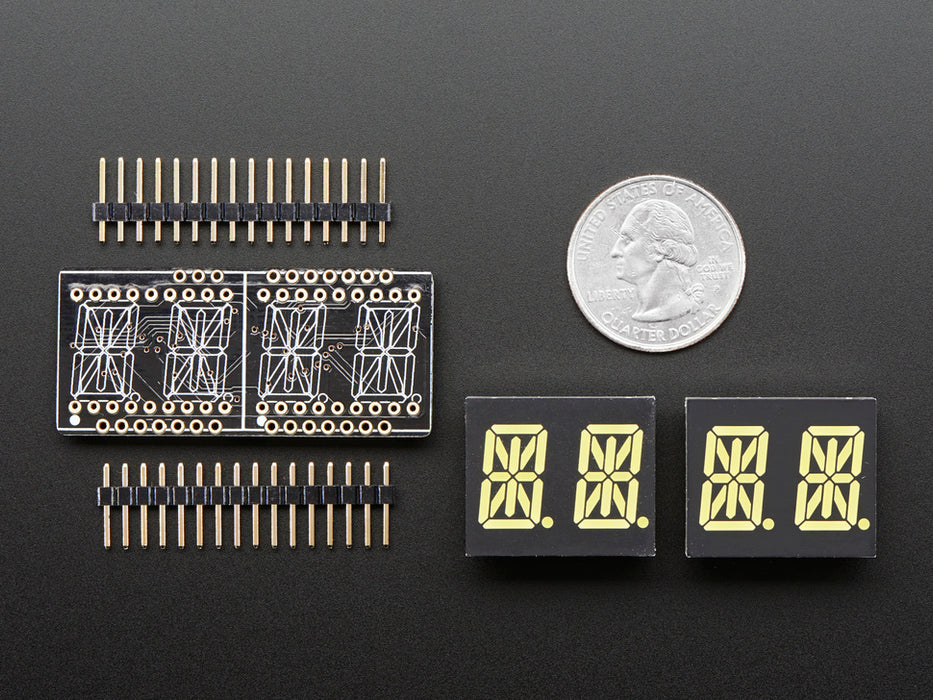 Angled shot of a rectangular shaped Quad Alphanumeric Display breakout board with an LED matrix soldered on.