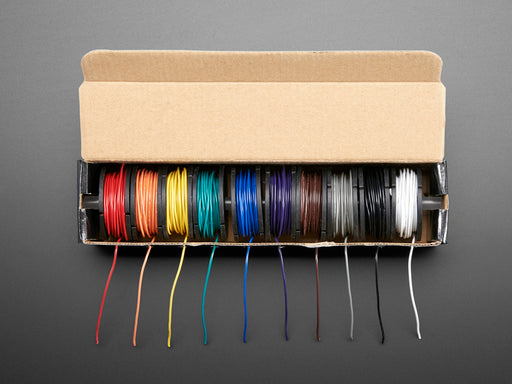 Hook-up Wire Spool Set - 22AWG Solid Core in box with 10 colorful wires coming out.