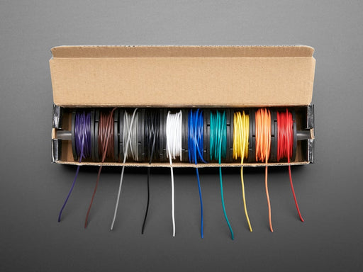 Hook-up Wire Spool Set -22AWG Stranded-Core in box with 10 colorful wires coming out.