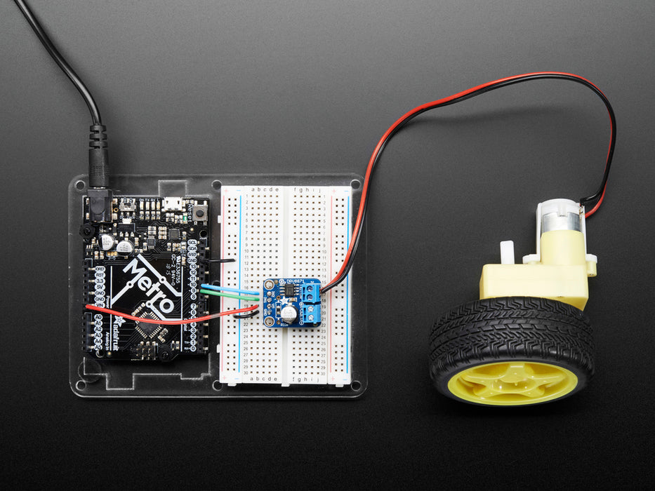 Angled shot of a Adafruit DRV8871 DC Motor Driver Breakout Board. 