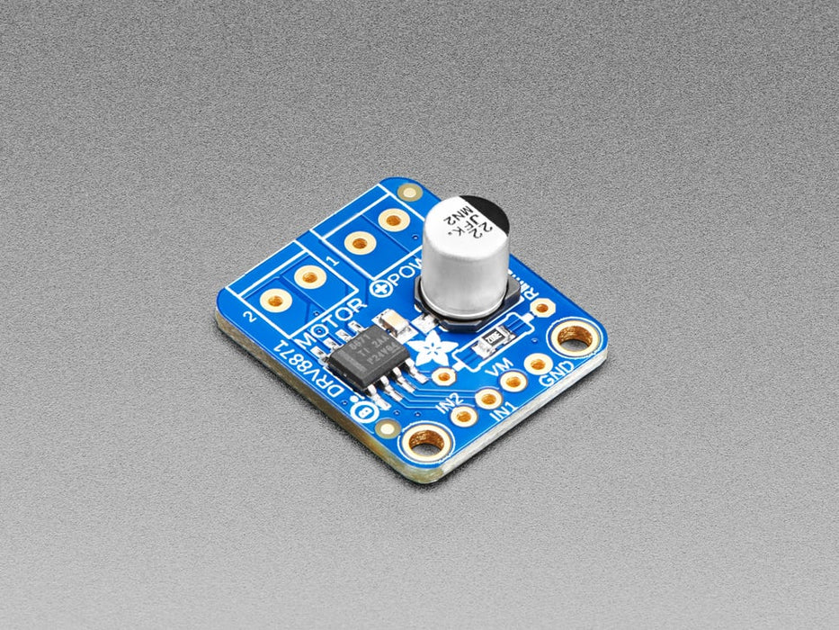 Angled shot of a Adafruit DRV8871 DC Motor Driver Breakout Board. 