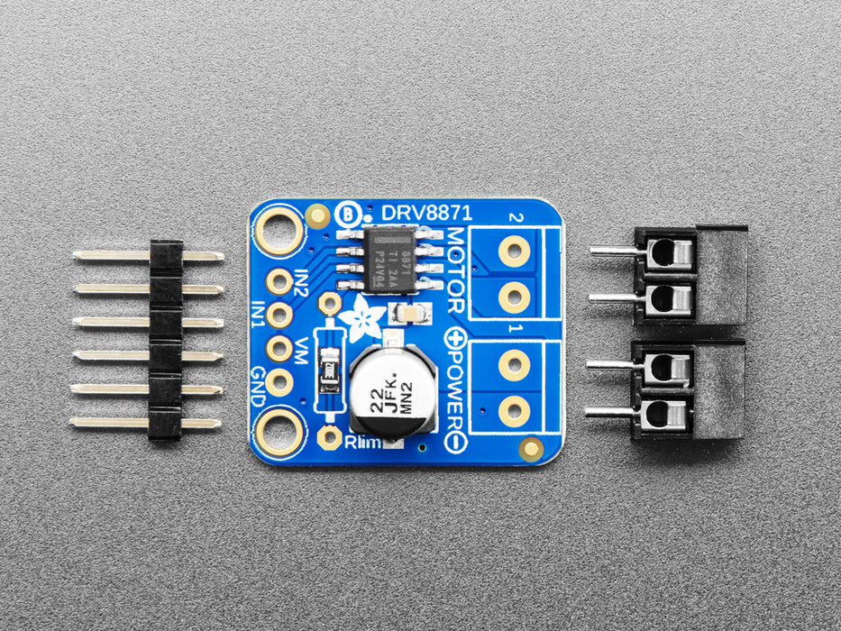 Angled shot of a Adafruit DRV8871 DC Motor Driver Breakout Board. 