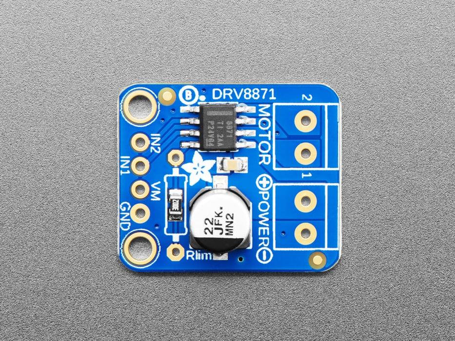 Angled shot of a Adafruit DRV8871 DC Motor Driver Breakout Board. 