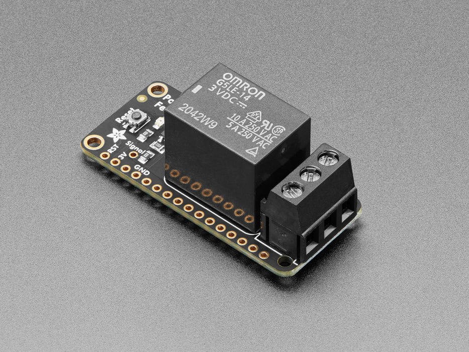 Angled shot of a Adafruit Power Relay FeatherWing. 