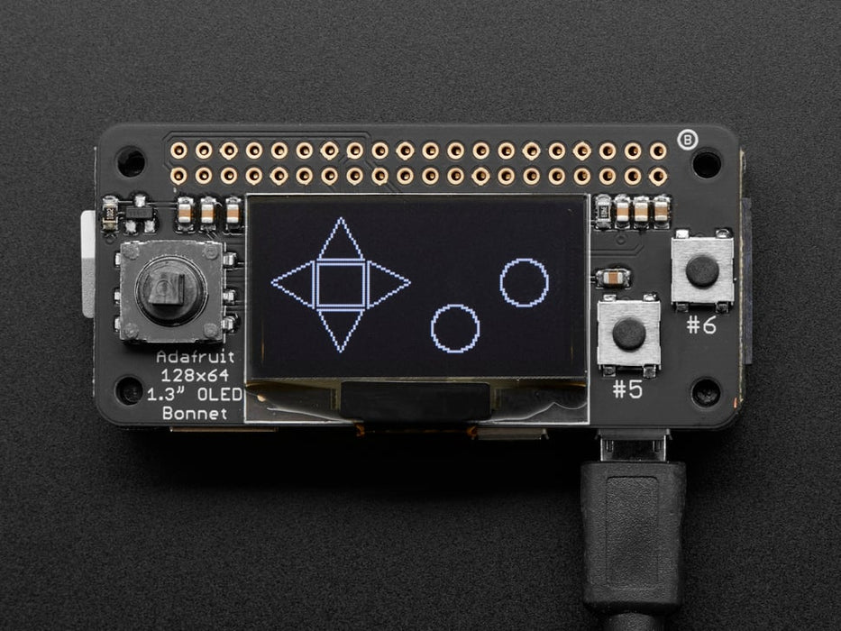 Angled shot of a OLED Bonnet Pack for Raspberry Pi Zero. 