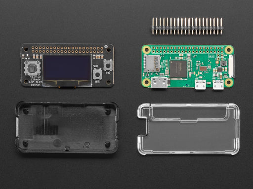 Angled shot of a OLED Bonnet Pack for Raspberry Pi Zero. 