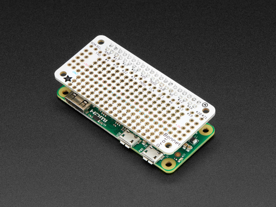 Angled shot of a Adafruit Perma Proto Bonnet on a Pi zero