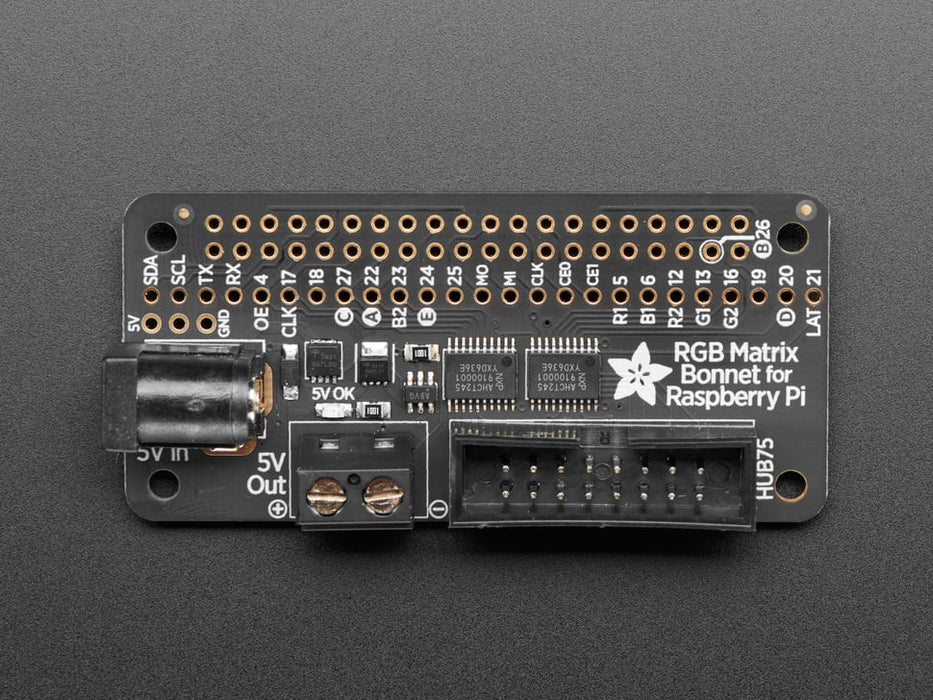 Still image of a Adafruit RGB Matrix Bonnet powering a Matrix. 