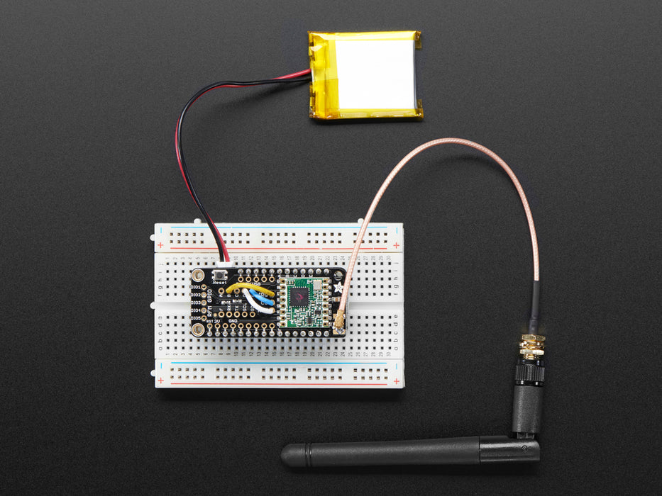 Angled shot of a Adafruit Radio FeatherWing - RFM69HCW 900MHz - RadioFruit. 