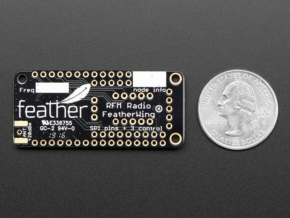 Angled shot of a Adafruit Radio FeatherWing - RFM69HCW 433MHz - RadioFruit. 