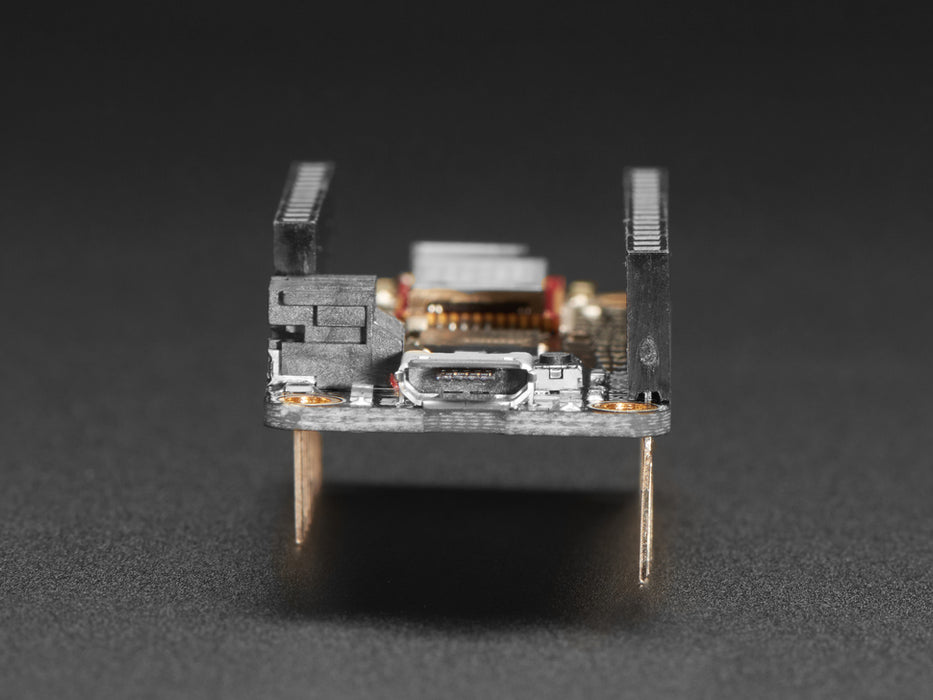 Angled shot of rectangular microcontroller with headers. 