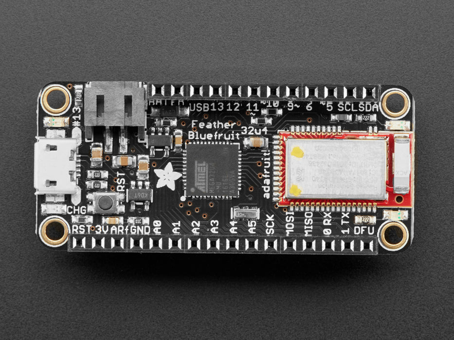 Angled shot of rectangular microcontroller with headers. 