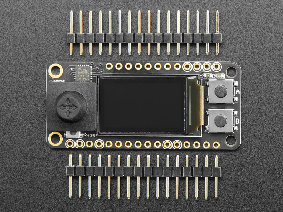 Angled shot of a Adafruit Mini Color TFT with Joystick FeatherWing on a small white breadboard connected to a lithium battery. 