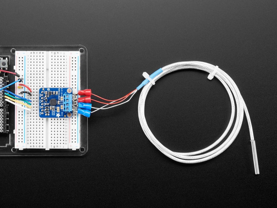 Angled shot of a Adafruit PT100 RTD Temperature Sensor Amplifier.