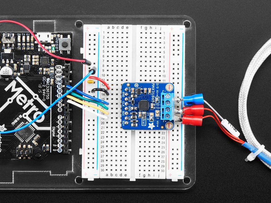 Angled shot of a Adafruit PT100 RTD Temperature Sensor Amplifier.